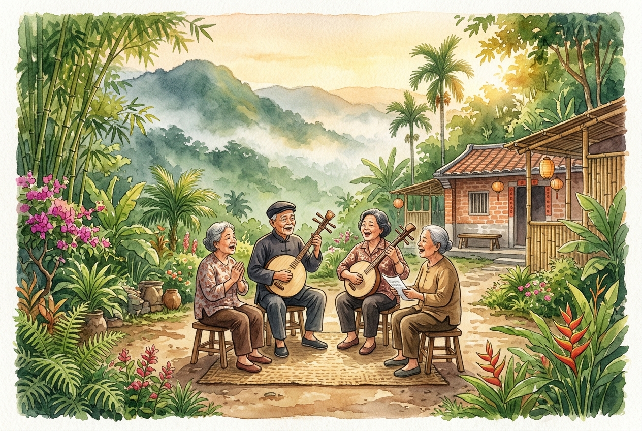 晨會共唱——學員與在地長輩圍坐庭院，共同傳唱恆春民謠